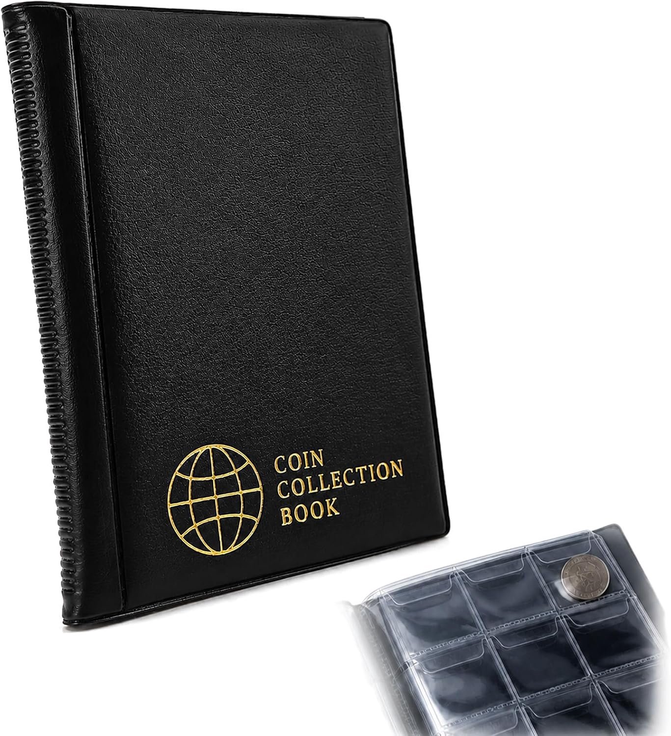 Muntenalbum, 60 vakken, 4,5 cm, opbergboek voor munten en pennen, verzamelaar, zwart, CS0106BK