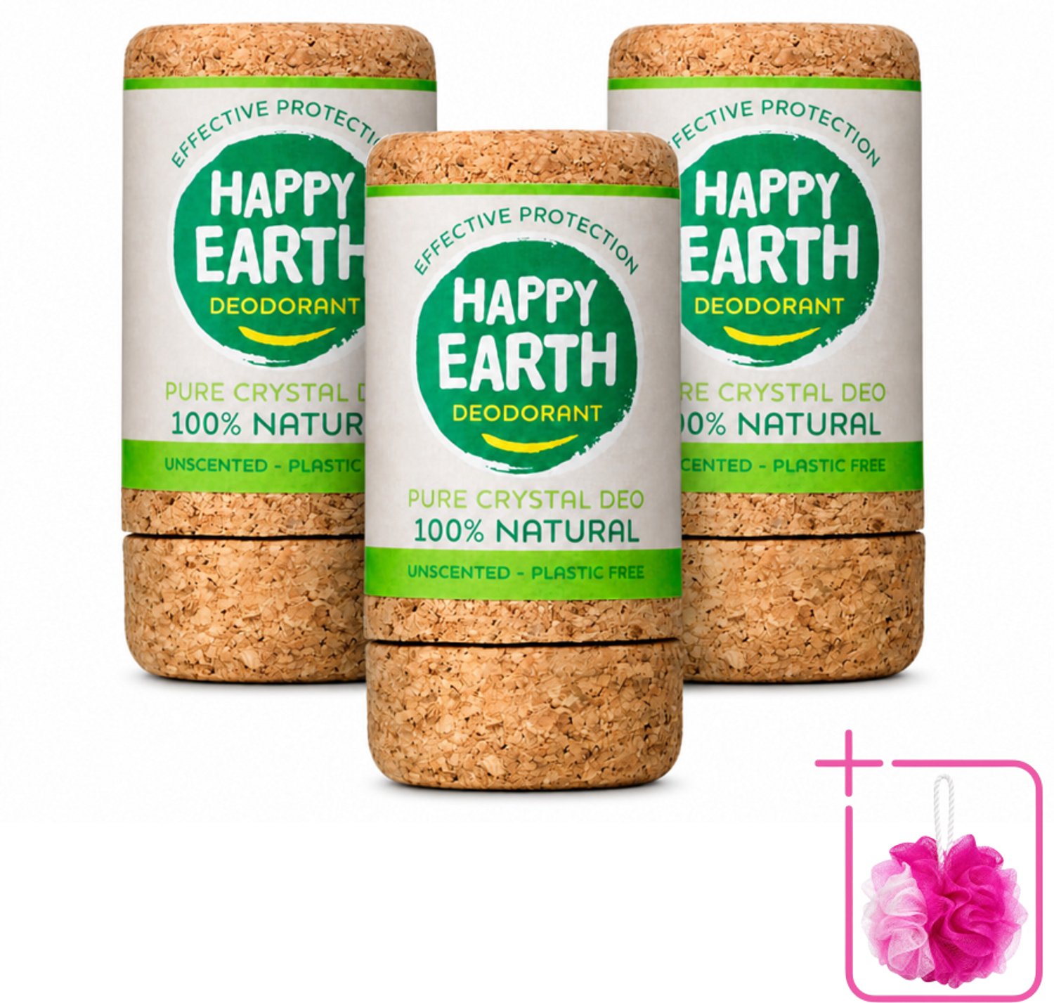 3 x Happy Earth – Deodorant Crystal – 100% Natuurlijk Unscented – 90 g - Bulkverpakking - Geurloze deodorant - Hypoallergene deodorant