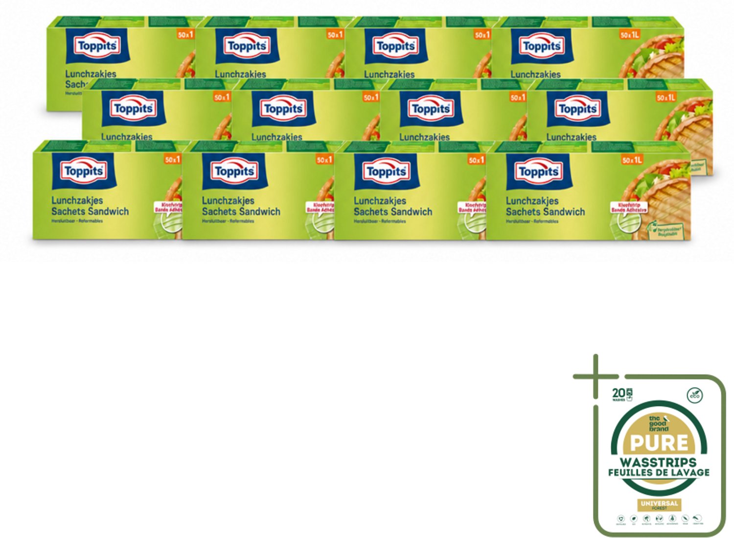 12 x Toppits – Lunchzakjes – Hersluitbaar – 1 Liter – 50 Zakjes - Wasstrips - Sandwichzakjes - Lunchzakjes - Versheid - Lekvrij - Hygiëne