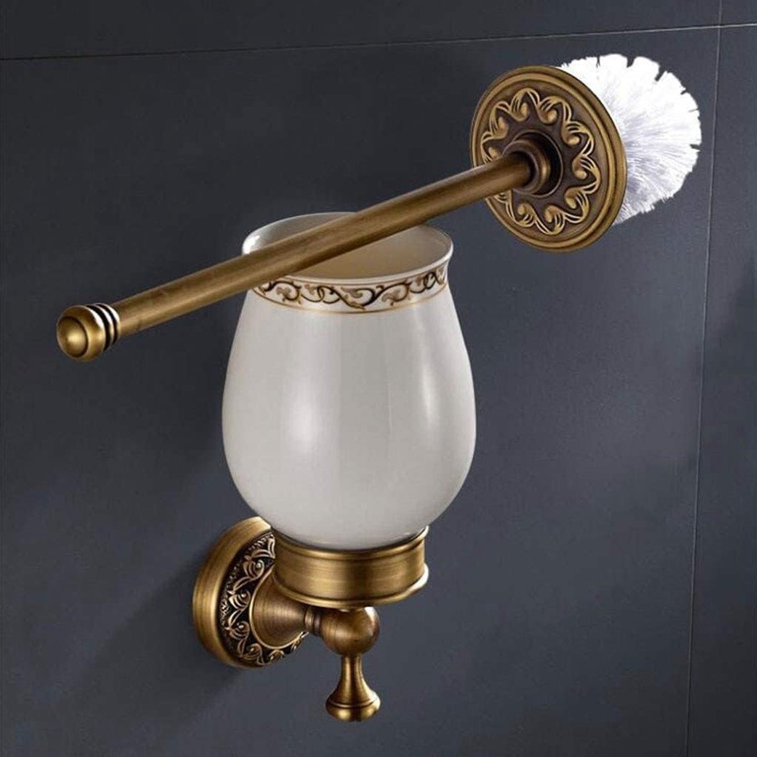Toiletpot Borstel Toiletborstel Houder Wandgemonteerde Toiletborstel Houder Badkamer Antiek Geborsteld Messing Graveren Hardware Lange Handgreep Toiletborstel Set, Brass