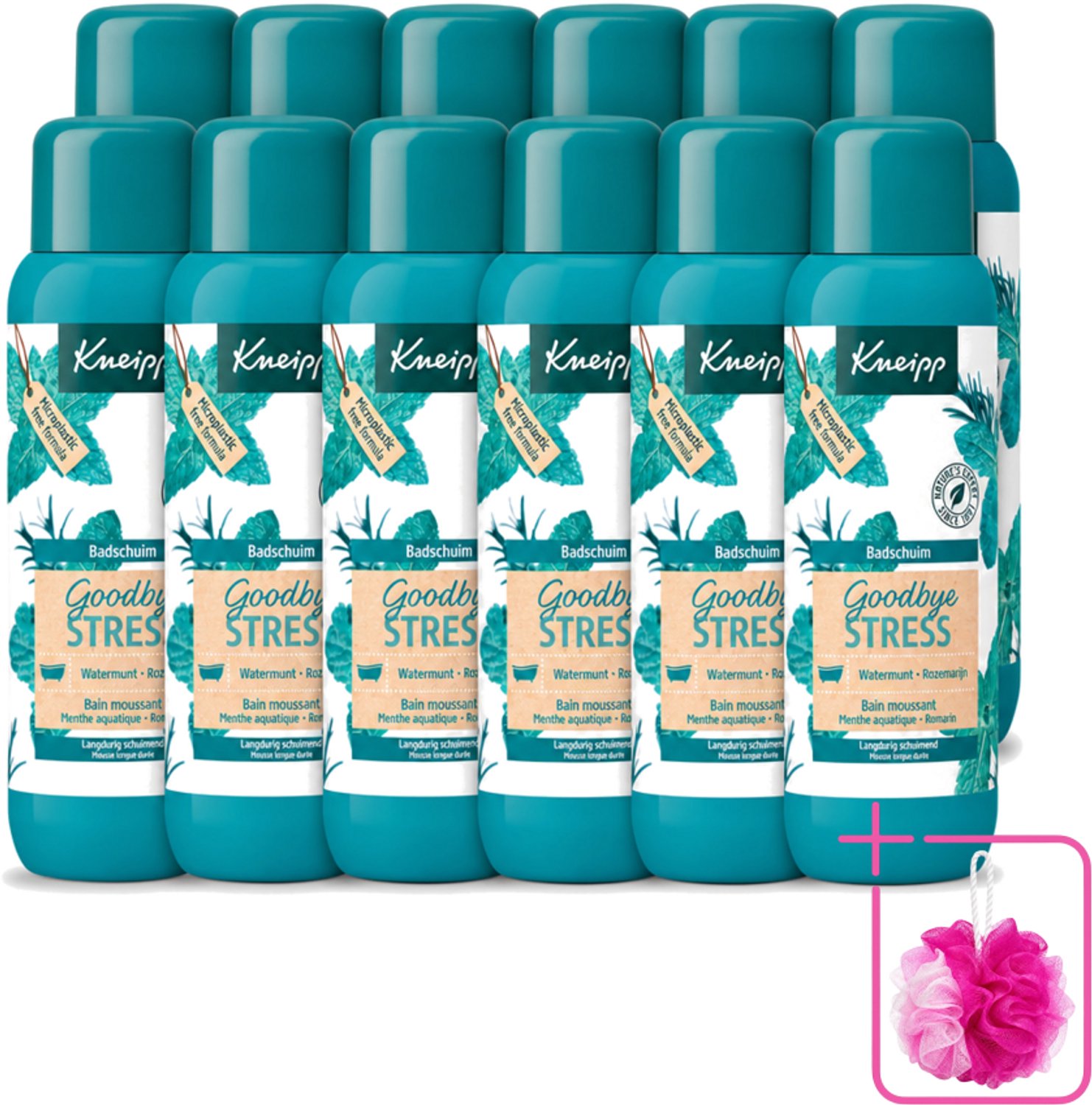 12 x Kneipp - Badschuim - Goodbye Stress - Watermunt & Rozemarijn - 400 ml - Bulkverpakking - Stressvermindering - Douchemop - Badschuim
