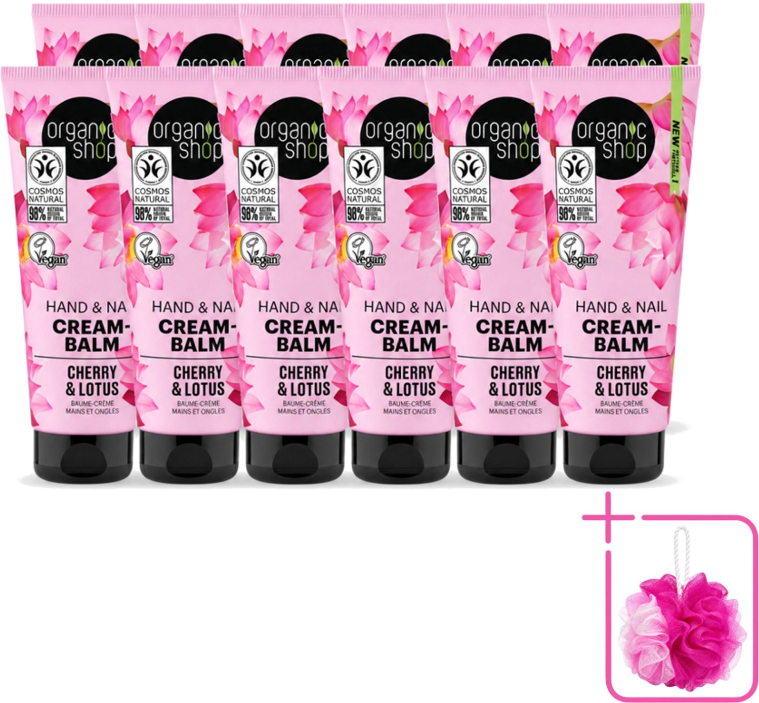12 x Organic Shop - Hand & Nail Cream - Cherry & Lotus - Verzorgend en Hydraterend - 75 ml - Bulkverpakking - Handcrème - Douchemop - Nagelverzorging