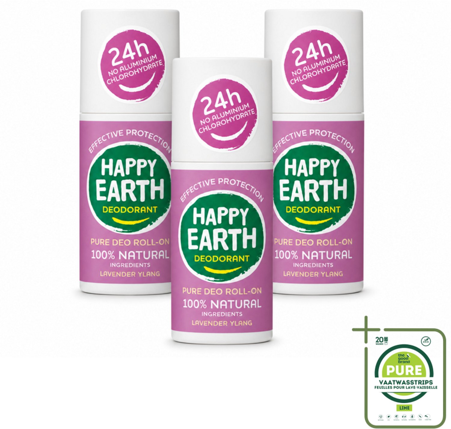 3 x Happy Earth – Deodorant Roll-On – 100% Natuurlijk Lavender Ylang – 75 ml - Grootverpakking - Natuurlijke Deodorant - Frisse Geur - Lavendel - Ylang-ylang - Huidvriendelijk