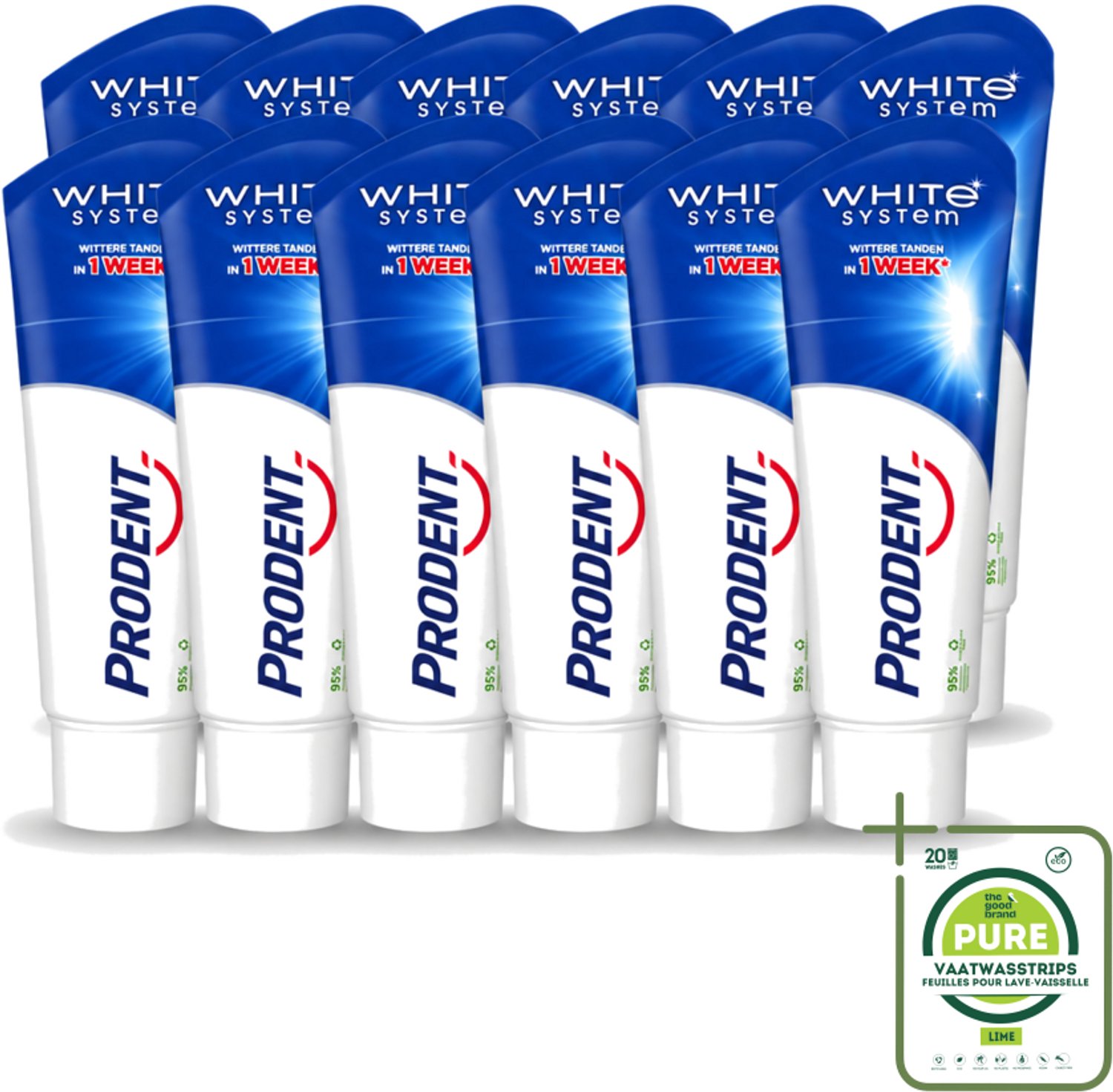 12 x Prodent – Tandpasta – White System – Natuurlijk Witmakend – 75 ml - Grootverpakking - Vaatwasstrips - Witte Tanden - Tandenpoets - Glazuur - Fluoride - Tandenborstel