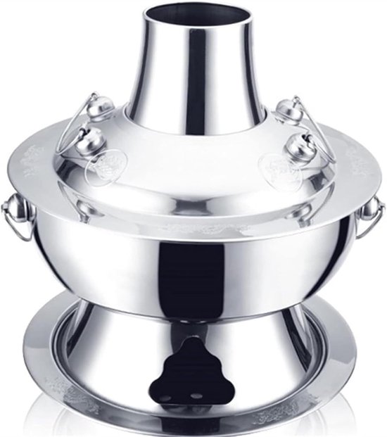 Vintage Shabu-Pot, Houtskool-Hotpot, Roestvrijstalen Shabu-Pot, Kookgerei Voor Buiten, 34 Cm Gouden Soeppan Voor Thuis-Hotpot, Chinese Houtskoolkachel, Perfect Voor Fam,Silver-32cm — afbeelding 2