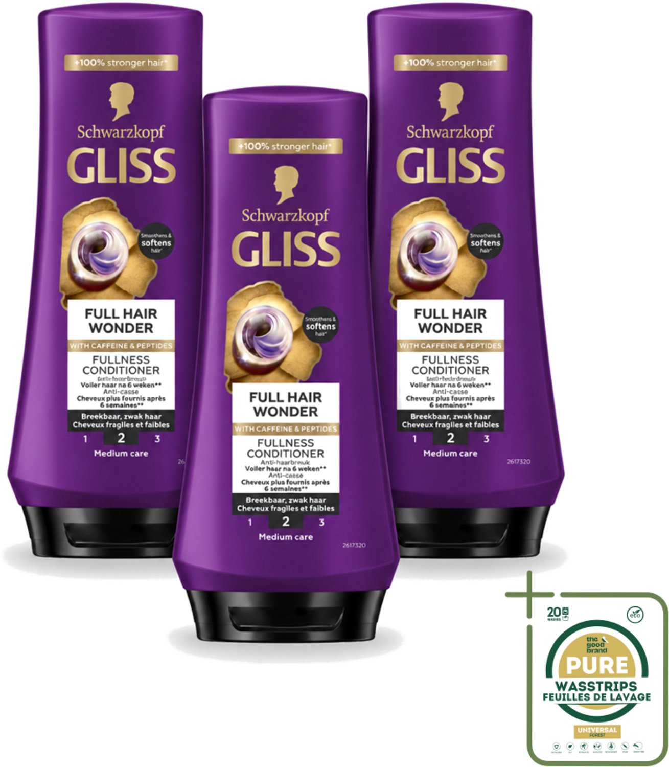 3 x Gliss Conditioner Full Hair Wonder - 200 ml - Wasstrips - Haarverzorging - Volume - Haarversterking - Fijn Haar - Dun Haar