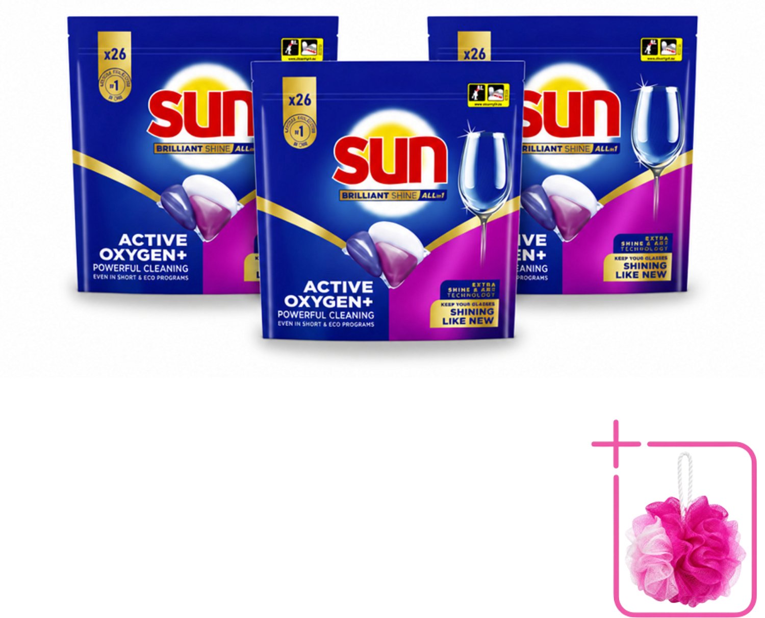 3 x Sun - Vaatwascapsules - Brilliant Shine All-in-1 - 26 capsules - Bulkverpakking - Vaatwasmiddel - Douchemop - Vaatwascapsule