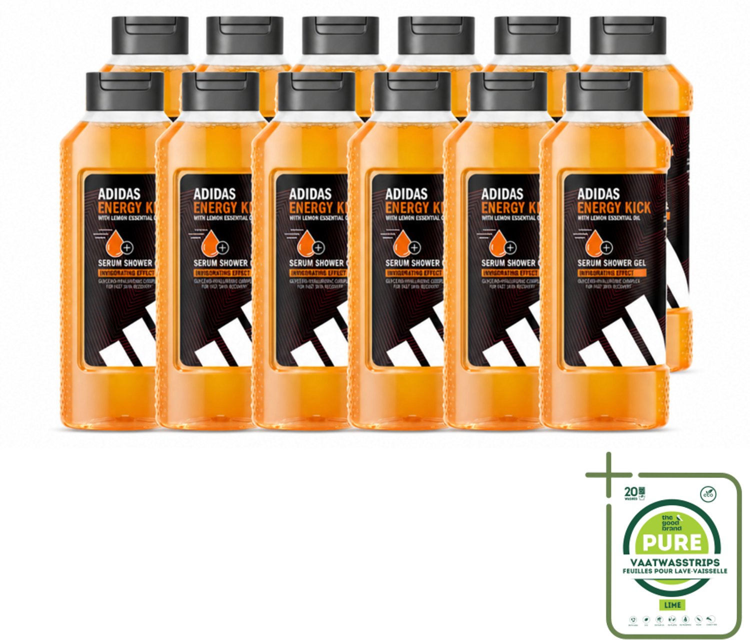 12 x Adidas – Douchegel – Active Skin & Mind Energy Kick – 400 ml - Grootverpakking - Vaatwasstrips - Douchegel - Energie - Frisheid - Huidverzorging - Citroenolie