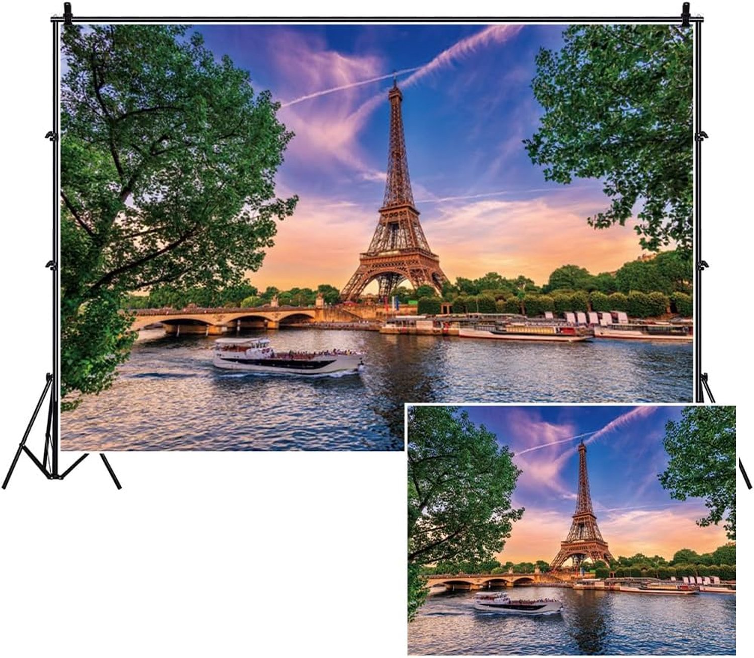7x5ft De Eiffeltoren Polyester Achtergrond Parijs Cityscape De Seine Sunshine Bridge Lake Outdoor Vakantie Thema Fotografie Achtergrond Huwelijksreis Reizen Bruiloft Decor Studio Prop