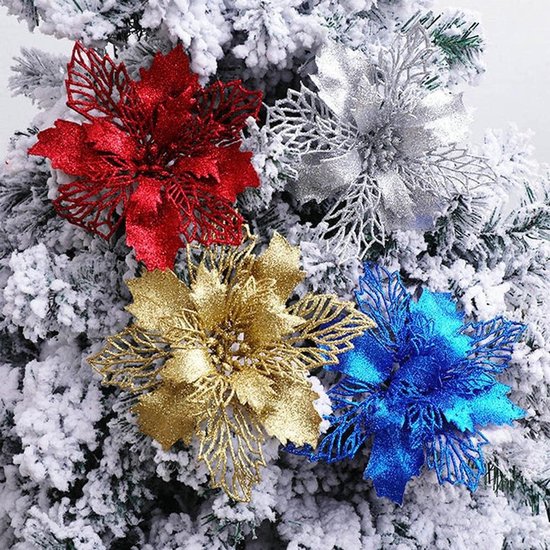 lyrlody 10 -stks Kerst Glitter Poinsettia Bloemen Xmas Decor Vakantiedecoratie Herbruikbare Kunstmatige Bloemen voor Boommuurdeur met 6 Kleuren 4,33 Inches (SILVER) — afbeelding 3