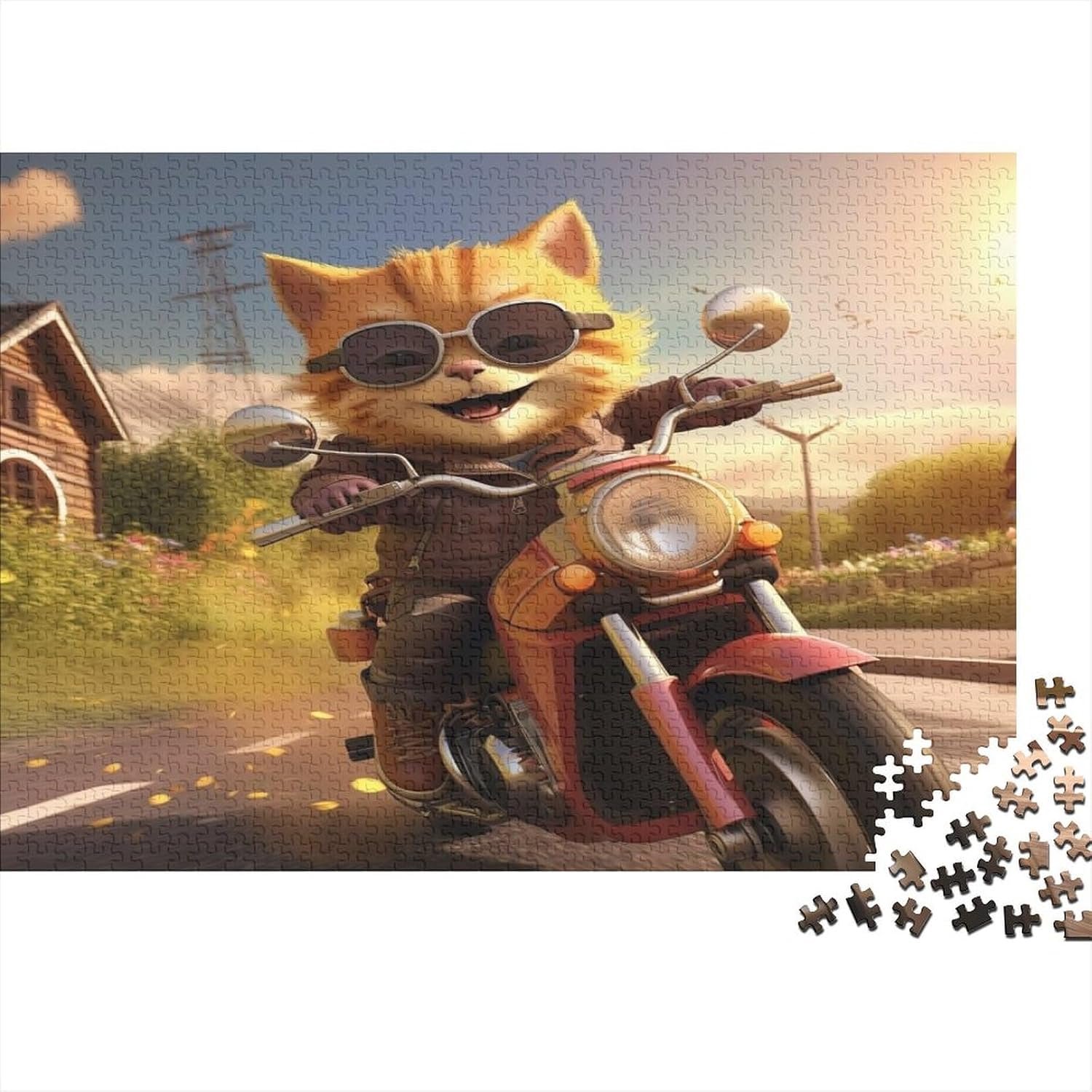 Motorfiets rijdende kat, 1000 stukjes, schattige kattenpuzzel voor volwassenen, educatief spel, woondecoratie, verjaardag, gezin, uitdaging, games, stressvermindering, 1000 stuks, 75 x 50 cm