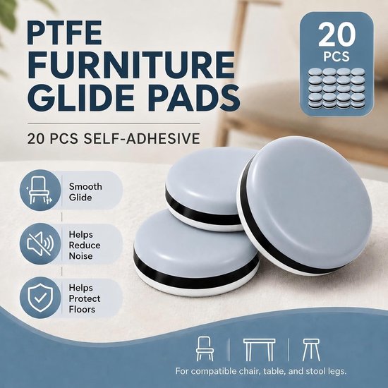 20 Stuks PTFE Meubelglijders Zelfklevend Ø20 mm, Ronde Stoelglijders voor Stoelen, Tafels en Krukken, Meubelglijders voor Parket, Laminaat, Tegels, Hout en Tapijt — afbeelding 2