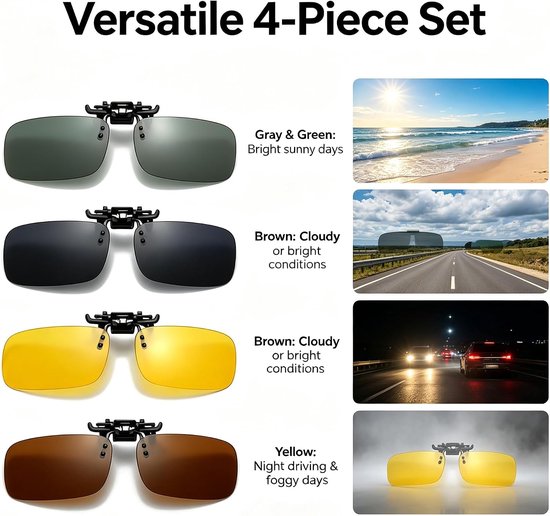 4 stuks clip-on zonnebrillen voor brillen op sterkte, gepolariseerde flip-up zonnebril UV400 anti-schittering rijbril voor mannen vrouwen, zwart frame grijze lens en gele lens voor autorijden — afbeelding 3