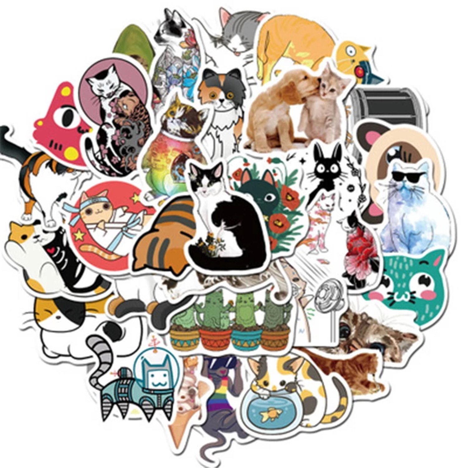 50x Waterdichte Katten Stickers Mix voor Fiets & Laptop