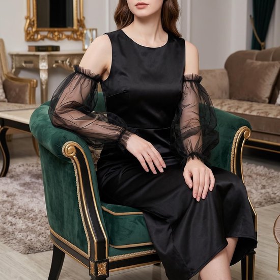 2 Stuks Zwarte Afneembare Tule Mouwstukken Mesh Handschoenen zonder Vingers Ellebooglange Armaccessoires voor Bruiloften Gala Avondjurken Ademend Elegant voor Dames — afbeelding 4