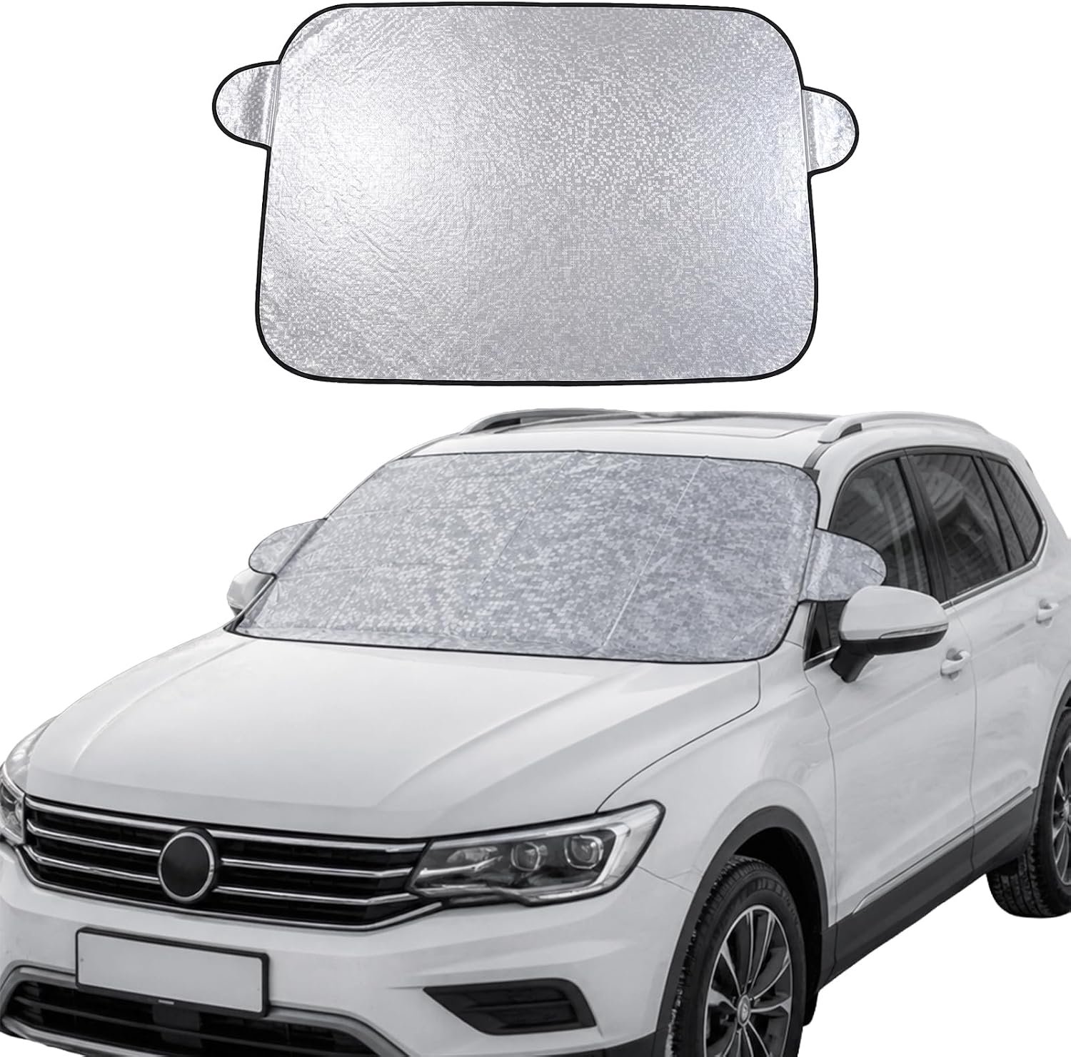 Voorruithoes voor auto, 150 x 90 cm, vorstbescherming, sneeuw en zon, met bevestigingsbanden, inklapbaar (zilver)