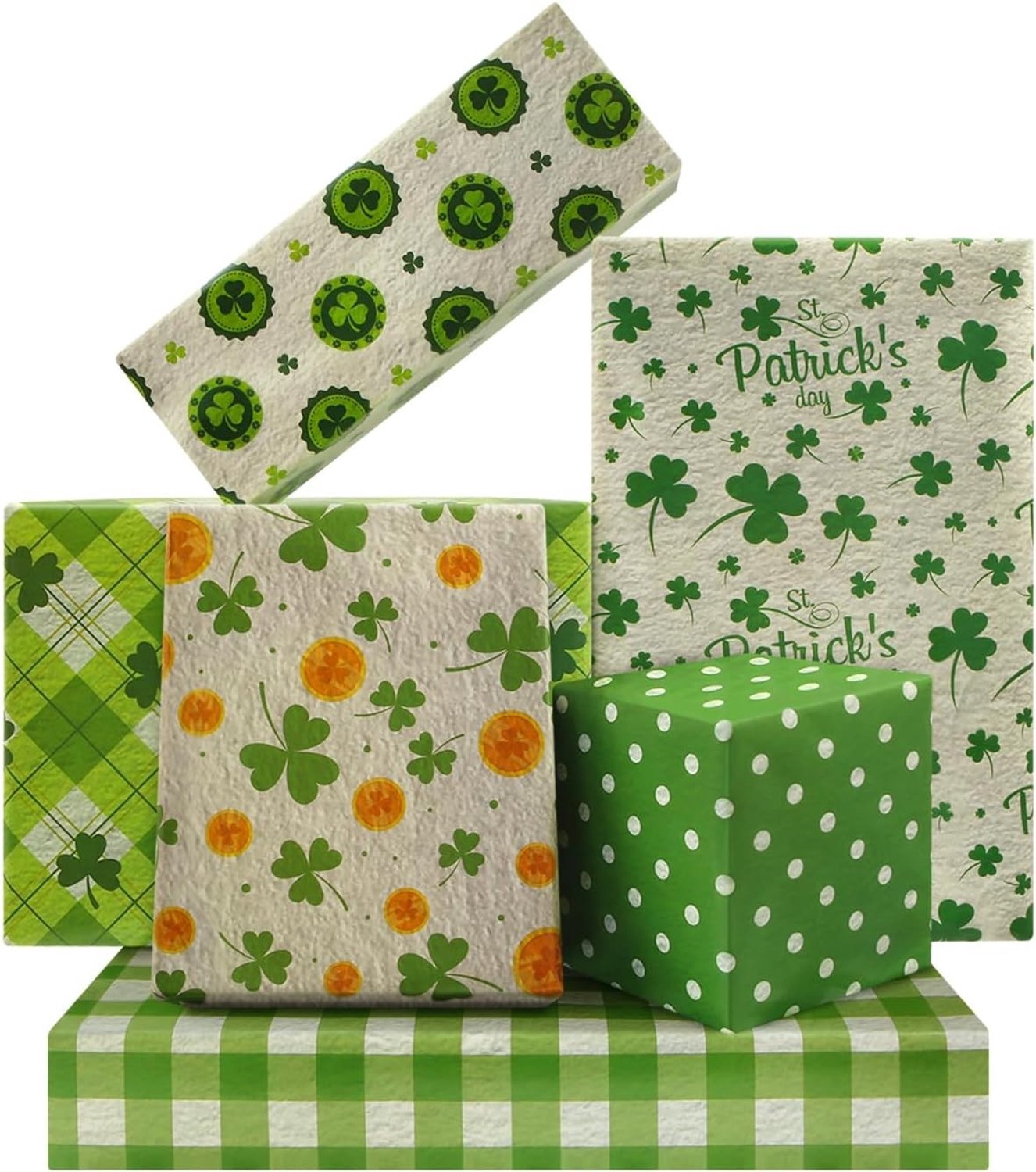 Inpakpapier voor St. Patrick's Day met groene klavers en gouden munten - 6 unieke ontwerpen voor feestelijke cadeaus en verjaardagen