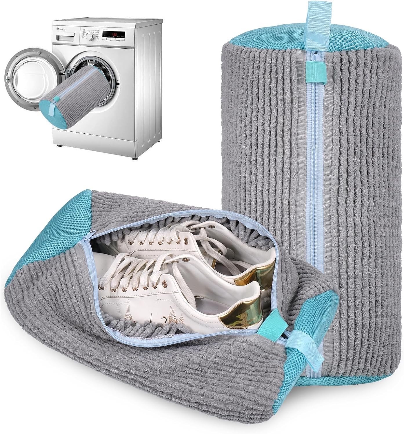Hergebruikbare waszak voor schoenen, wasmachine, 360° reiniging, ideaal voor sneakers en sportschoenen, grijs, set van 2 stuks