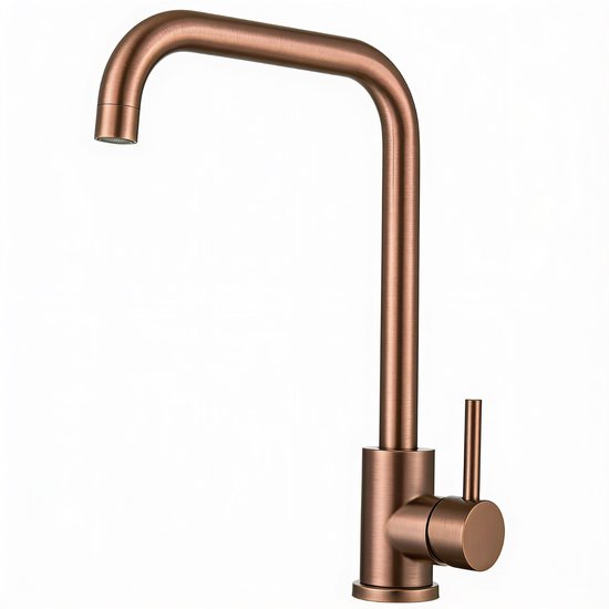 Bronzen keukenkraan met een rechte uitloop en hendel aan de zijkant.