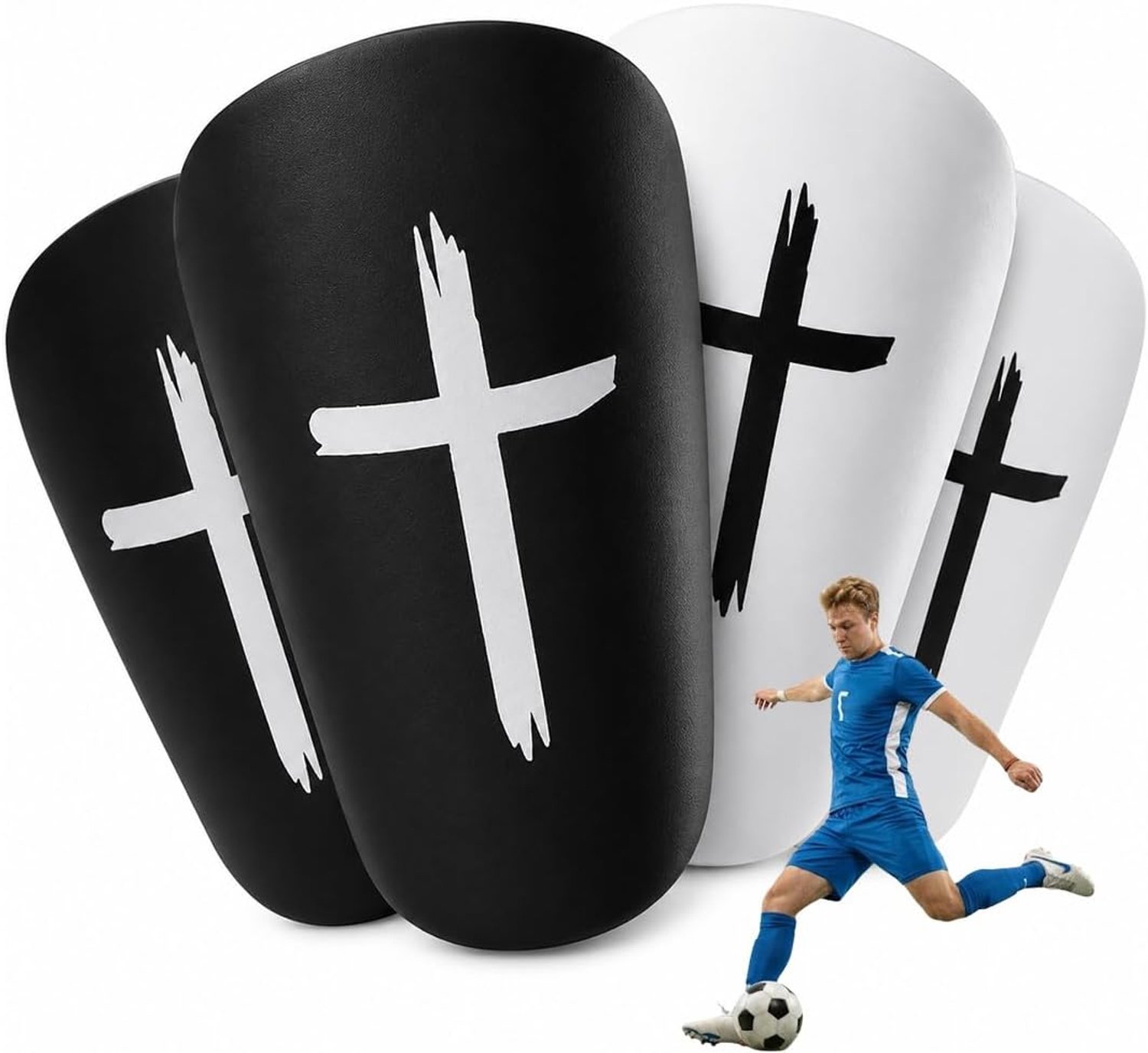 Set van 4 mini-scheenbeschermers voetbal, EVA, licht, 9,5 x 6 cm, voor kinderen, jongeren en volwassenen, jongens en meisjes, zwart en wit