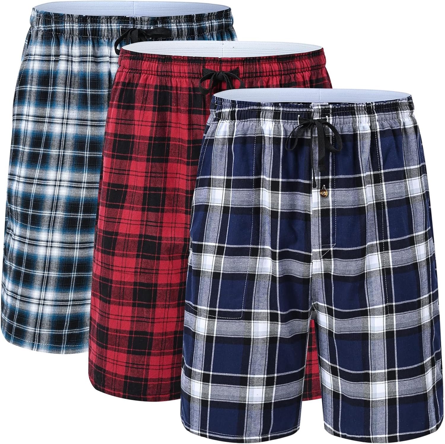Huayuzh Pyjamabroek voor heren, korte pyjama, katoen, set van 3, geruite slaapbroek, zacht, ademend, zakken, knoopsluiting