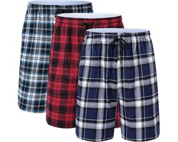 Huayuzh Pyjamabroek voor heren, korte pyjama, katoen, set van 3, geruite slaapbroek, zacht, ademend, zakken, knoopsluiting