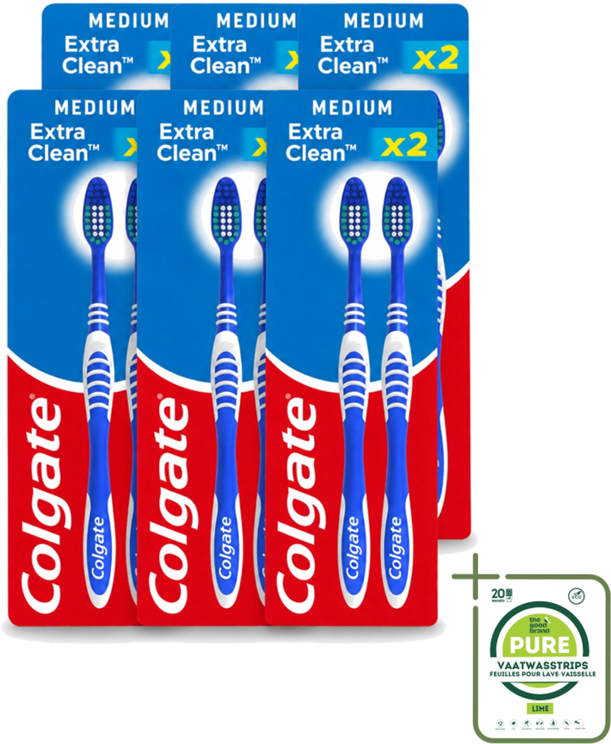 6 x Colgate - Tandenborstels - Extra Clean Duo - Medium - 2 borstels - Grootverpakking - Vaatwasstrips - Tandenborstel - Mondhygiëne - Frisse Adem - Reiniging - Tongreiniger