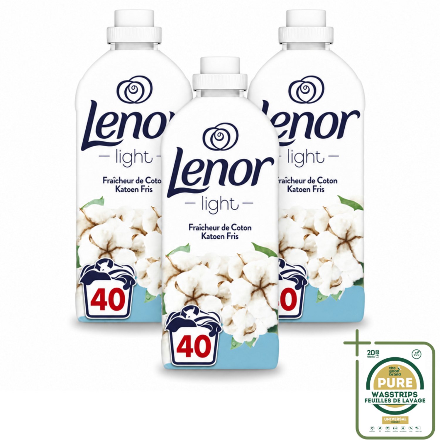 3 x Lenor Light - Wasverzachter - Katoen Fris - Fris & Zacht - 40 Wasbeurten - Wasstrips - Wasverzachter Katoen Fris - Wasverzachter Lenor - Wasverzachter Katoen - Wasverzachter Fris - Wasverzachter Milde