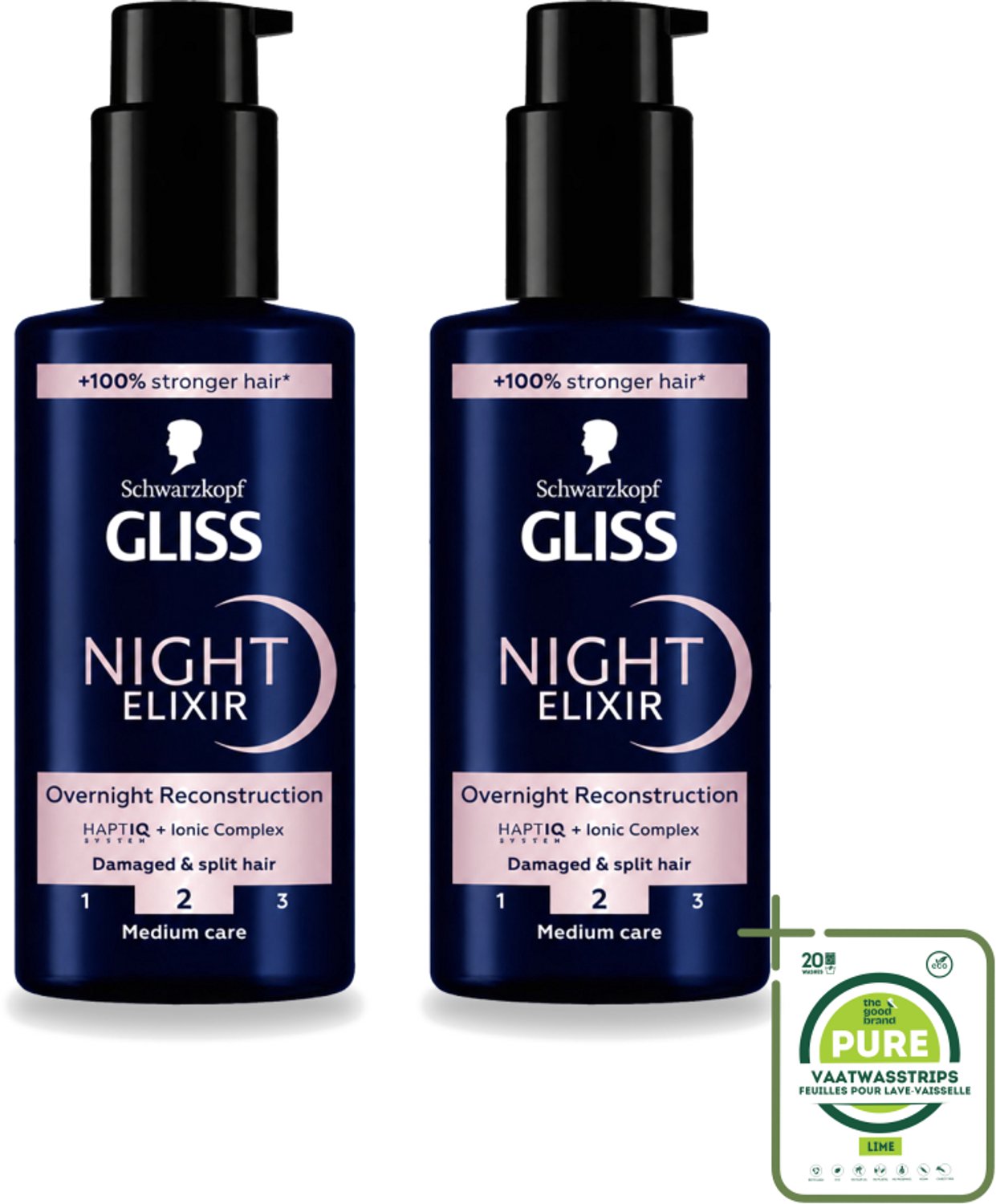 2 x Gliss - Haarserum - Night Elixer Overnight Reconstruction - Tegen Gespleten Haarpunten - 100 ml - Grootverpakking - Vaatwasstrips - Haarschade - Gespleten Haarpunten - Nachtserum - Haarherstel - Haarverzorging