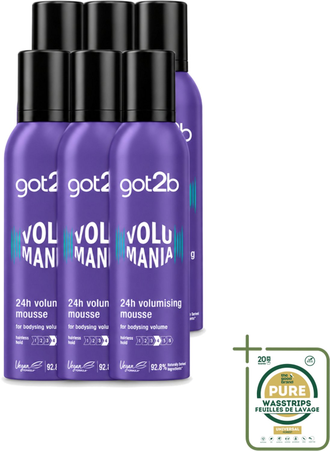 6 x Got2B - Volumemousse - Volumania 24H - 250 ml - Wasstrips - Haar Volume - Haarspray - Haarmousse - Vegan Haarproduct - Natuurlijke Ingrediënten