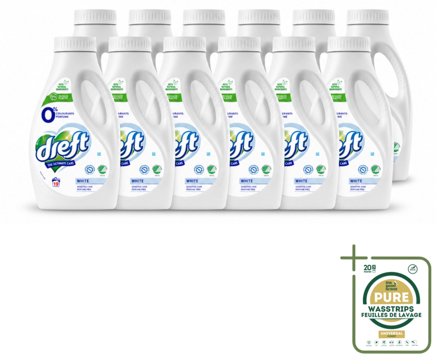 12 x Dreft - Vloeibaar Wasmiddel - 0% Witte Was - Geurvrij & zacht - 19 Wasbeurten - Wasstrips - 0% Parfum Wasmiddel - Gevoelige Huid Wasmiddel - Witte Was - Zacht Wasmiddel - Natuurlijk Wasmiddel