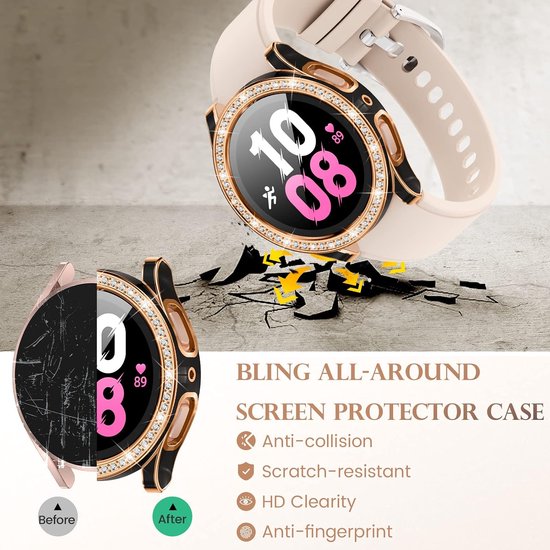 [3 stuks] Kamita Diamond Screen Protector Case voor Samsung Galaxy Watch 5/Watch 4 40 mm, harde PC Bumper Cases met Gehard Glas Film, Glitter Cover voor Galaxy Watch5/Watch4 (Zwart+Rosegold+Wit) — afbeelding 2