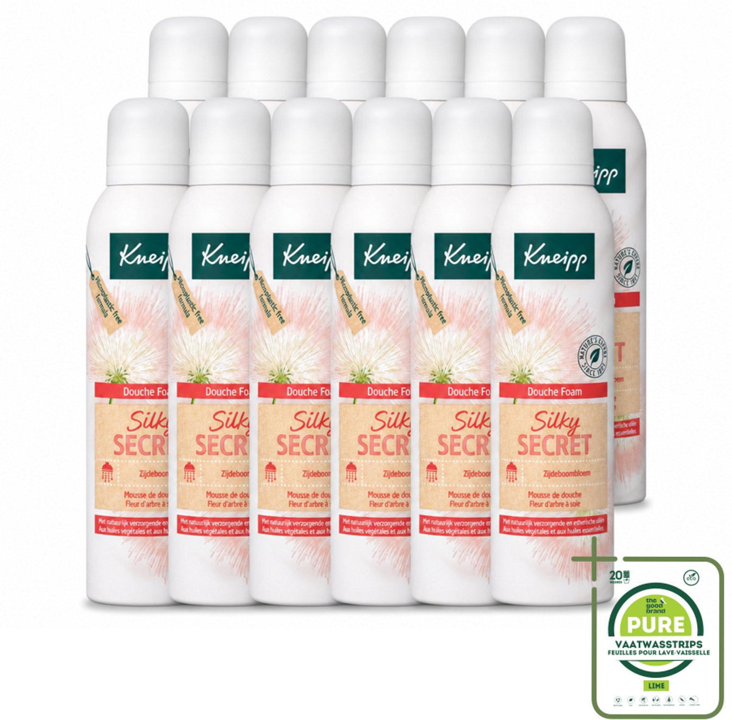 12 x Kneipp - Douche schuim - Silky Secret - Zijdeboombloesem - 200 ml - Grootverpakking - Vaatwasstrips - Douche Foam - Zijde - Bloemige Geur - Natuurlijke Melkproteïnen - Schuim