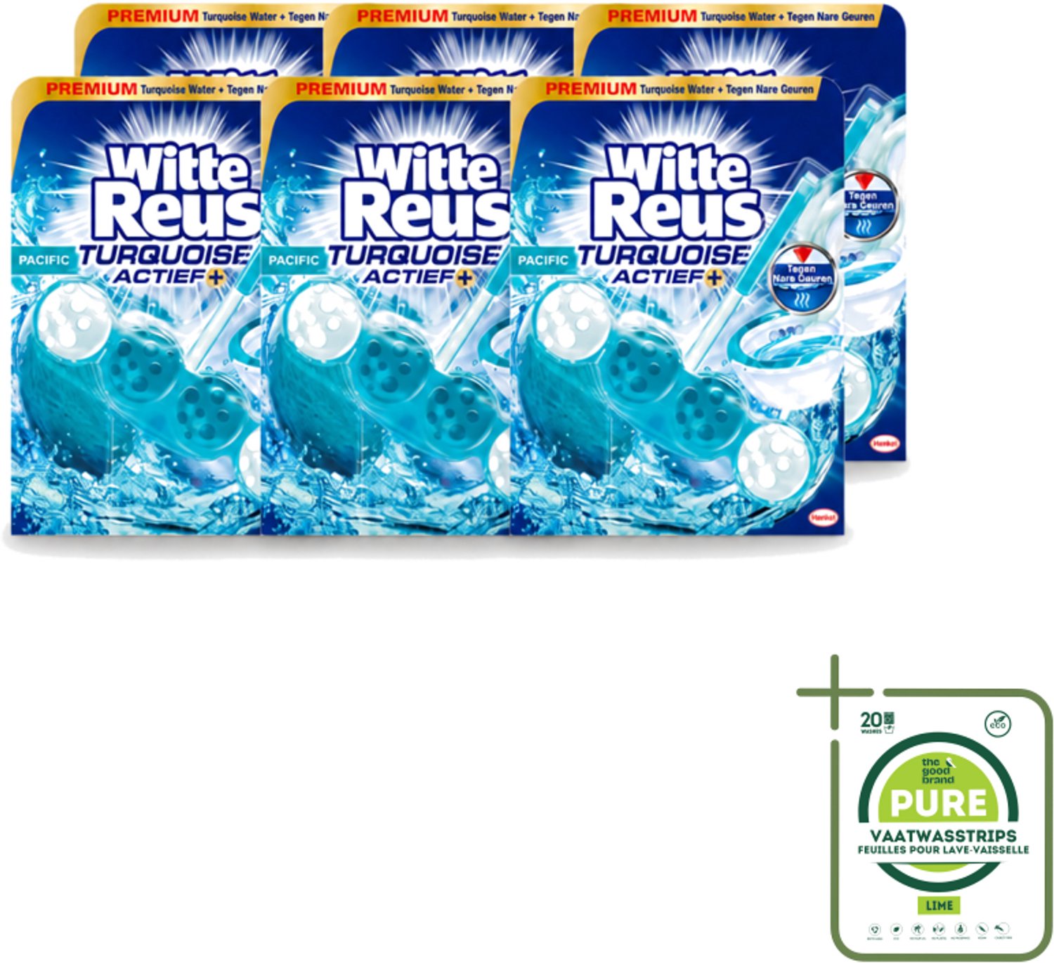 6 x Witte Reus - Turquoise Actief Toiletblok - 1 Toiletblok - Grootverpakking - Vaatwasstrips - Toiletbelevening - Reiniging - Frisheid - Glans - Kalkbescherming