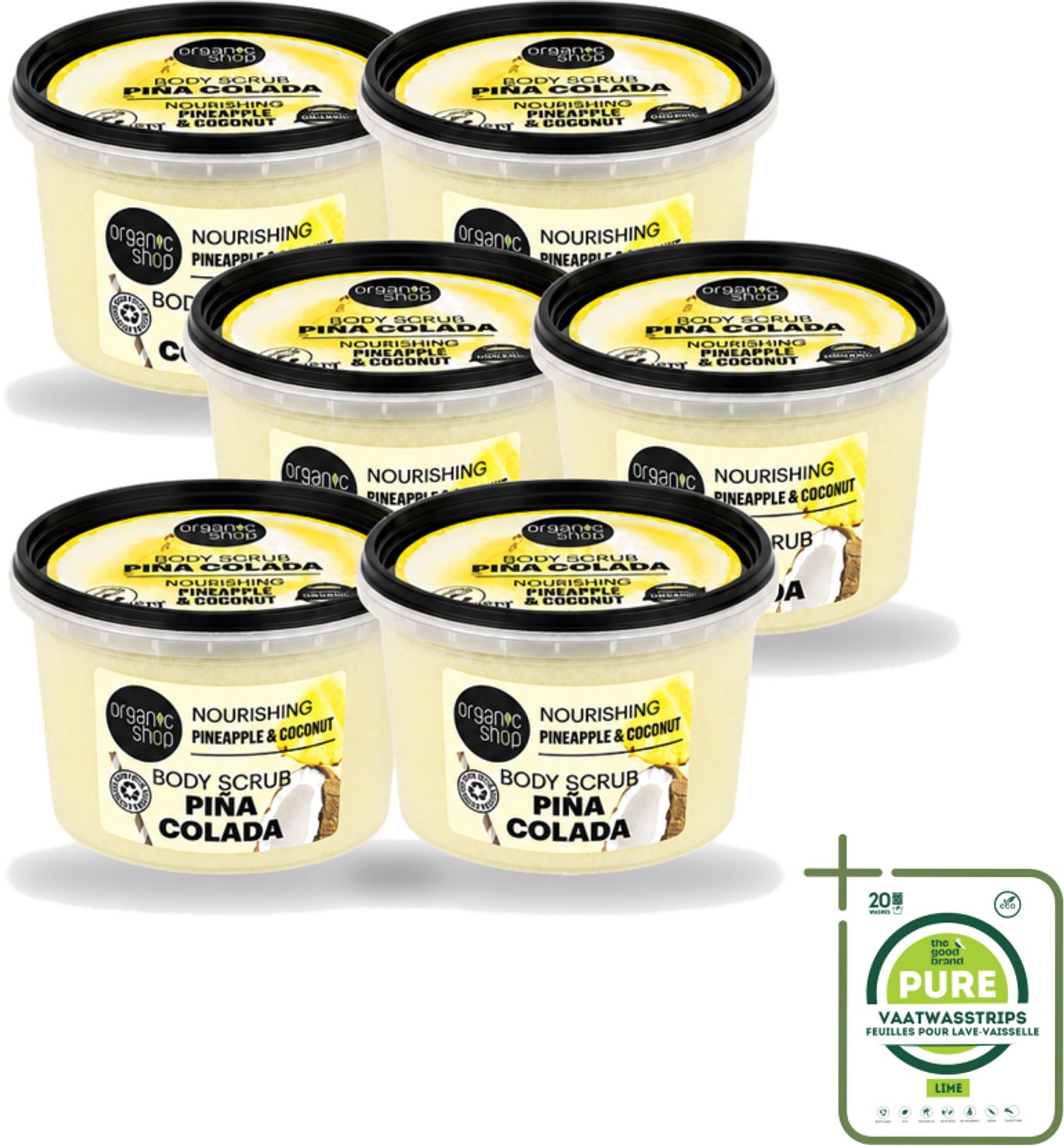 6 x Organic Shop - Body Scrub Pineapple & Coconut - Verfrissend en Voedend - 250 ml - Grootverpakking - Vaatwasstrips - Bodyscrub - Exfoliatie - Huidverzorging - Tropisch Aroma - Ananas