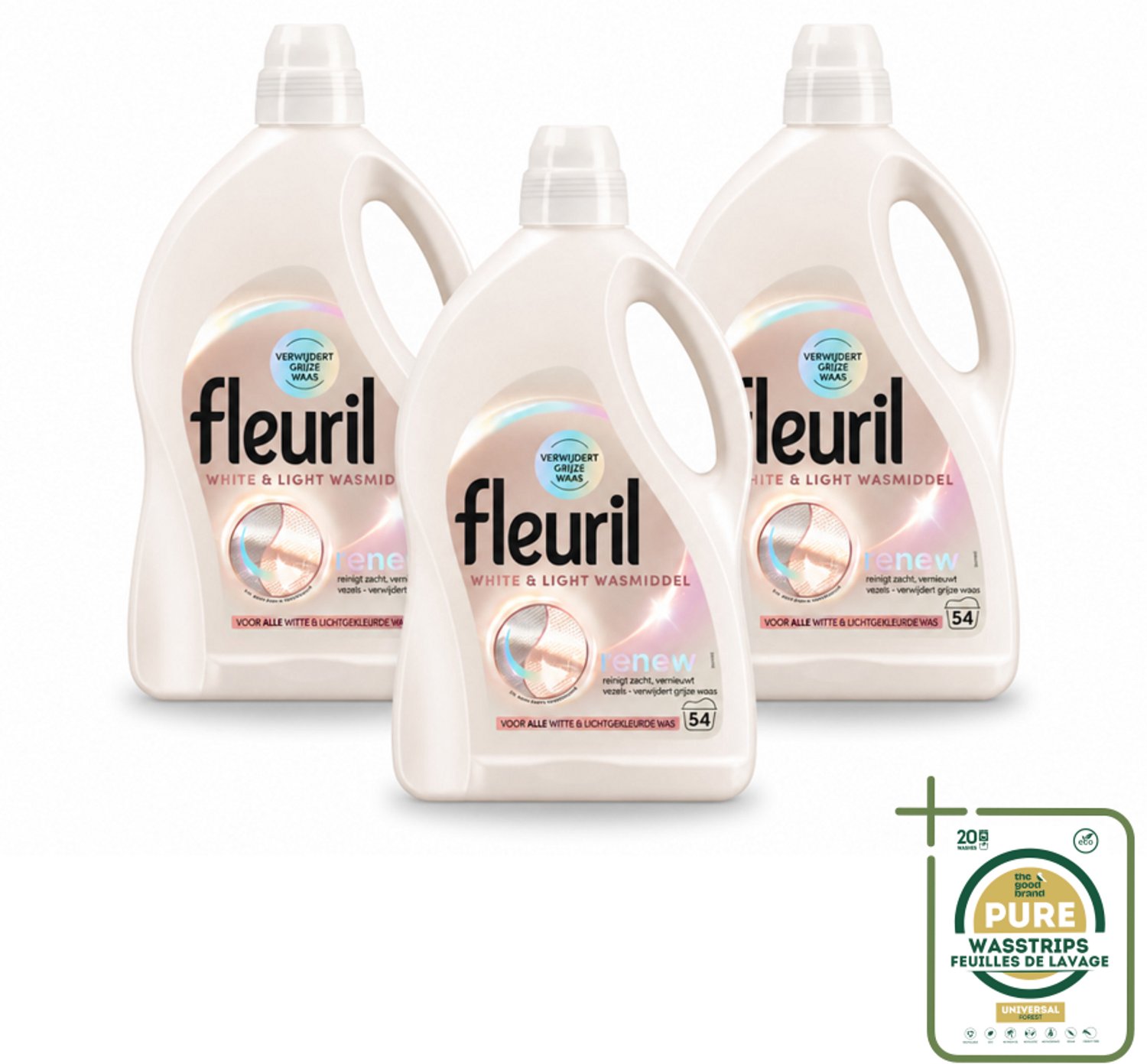 3 x Fleuril - Wasmiddel - White & Light Vloeibaar Wasmiddel - Witte & Lichte Was - 54 wasbeurten - Wasstrips - Wit Wasmiddel - Lichte Was - Fleuril White & Light - Wasmiddel Voor Witte Kleding - Wasmiddel Voor Lichte Kleding