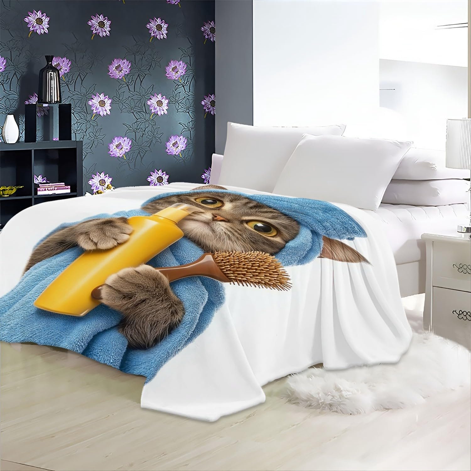 Fleece deken, flanel, bedrukt, grappige kattenhanddoek, bank, slaapkamer, stoel, blauw, zachte en warme deken, voor bed, 150 x 200 cm