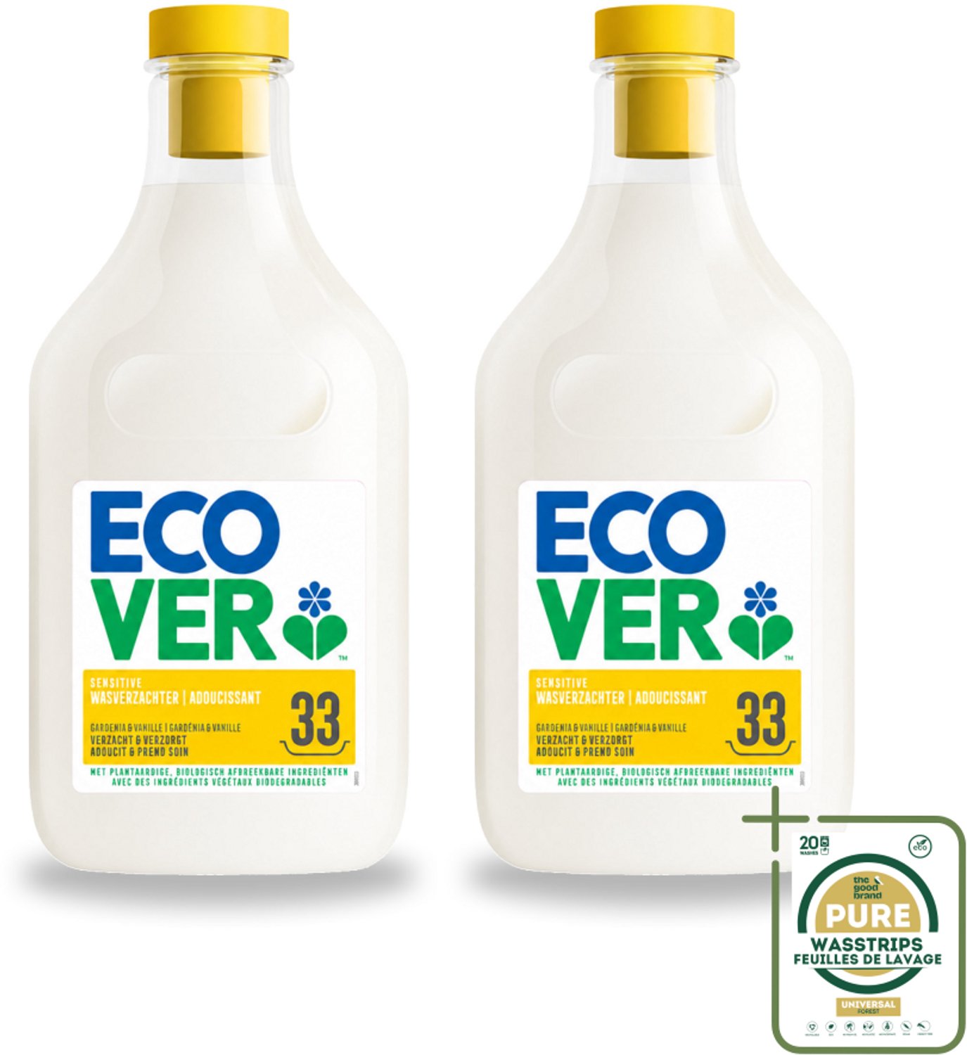 2 x Ecover - Wasverzachter - Gardenia - 1 liter - 33 wasbeurten - Wasstrips - Wasverzachter - Wasverzachter Gardenia En Vanille - Wasverzachter Voor Kleding - Wasverzachter Biologisch - Wasverzachter Plantenolie