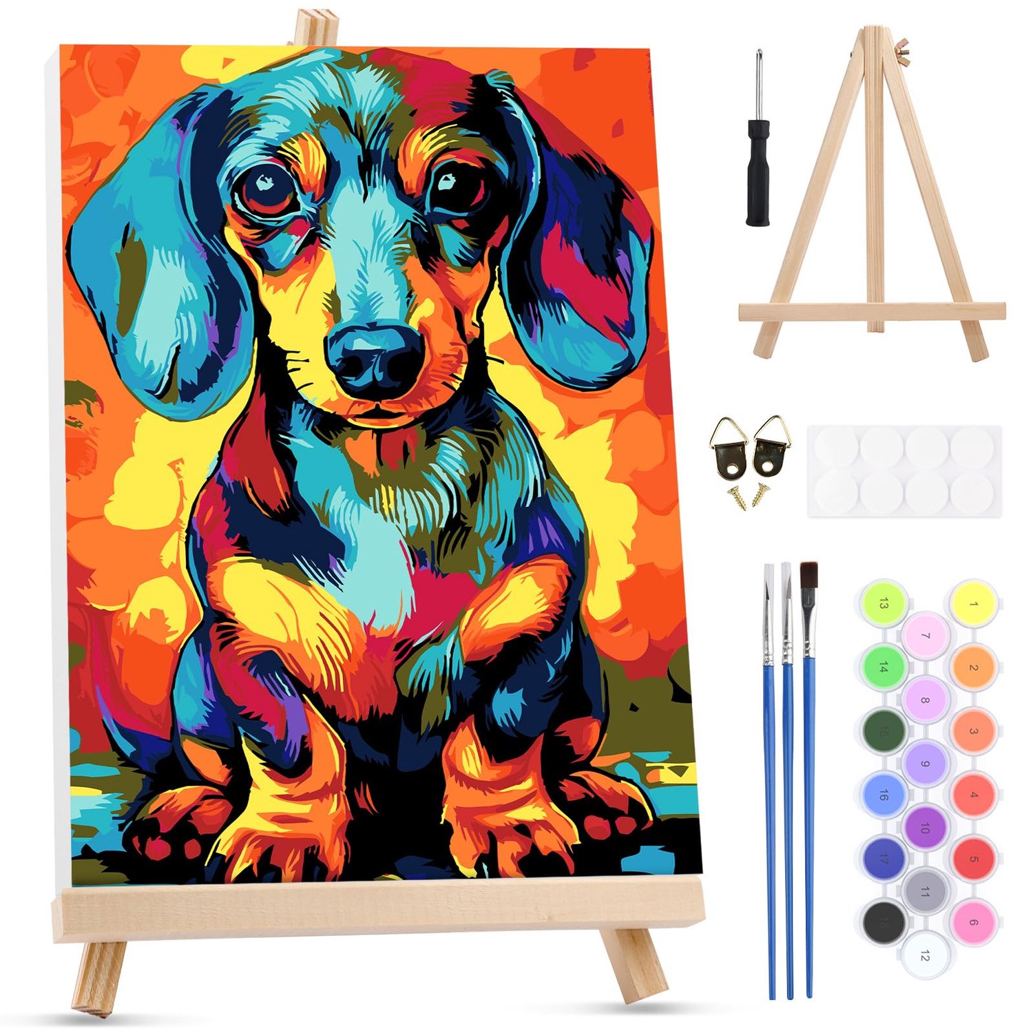 MOTGOM Paint by Numbers Kits for Adult with Frame Wooden Easel, DIY Color Oil Painting Acrylic Paints Colorful Dachshund, Canvas Oil Painting for Gift
