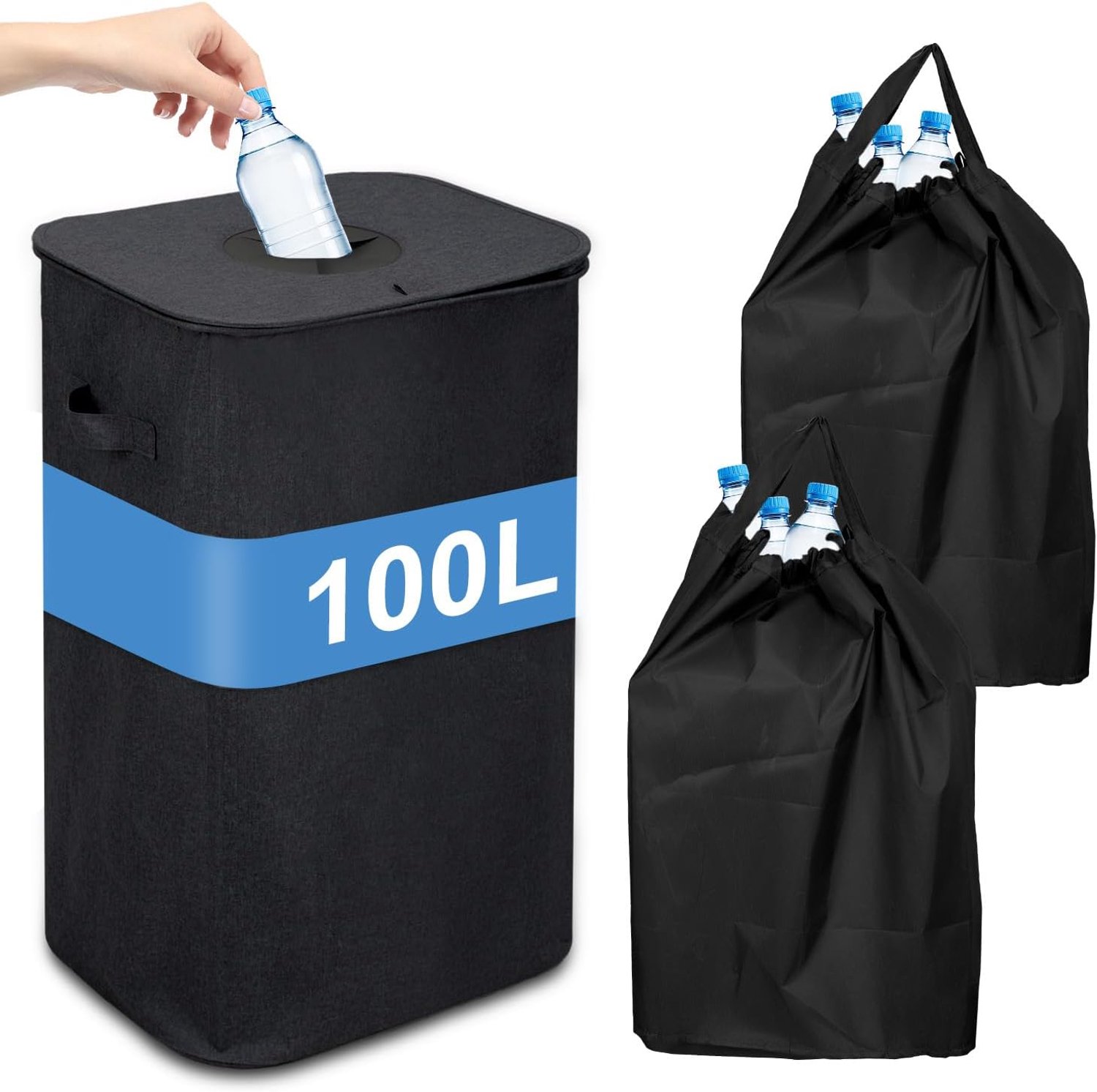 Boodflessen, verzamelcontainer, 100 liter, met deksel en 2 x draagtas, houder voor lege goederen en oud glas, robuuste flessenverzamelaar voor keuken, statiegeldflessen, container, zwart