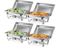 Wilprep Chafing dish set GN 1/1, Warmhoudcontainer inhoud 9 liter van roestvrij staal, Voedselverwarmer met brandpasta houders, Rechthoekige buffet warmer set voor all-you-can-eat buffet catering feest (4 stuks)