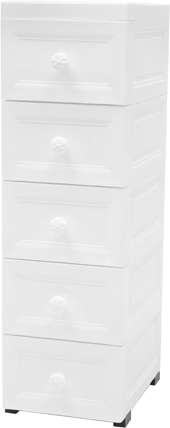 Commode met 5 laden, multifunctionele opbergkast, badkamerkast, voor badkamer, woonkamer, keuken, 25 x 34 x 82 cm, wit