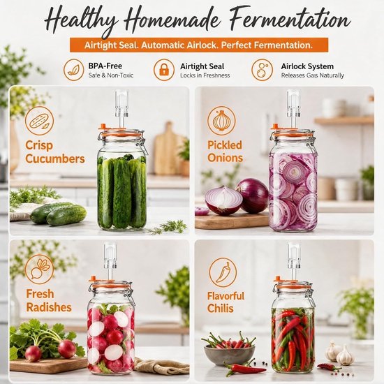 2 stuks fermentatieglazen, 2 liter, fermentatieglas met gistingsglas en gewicht voor zuurkool, kimchi, augurken en kombucha, 2 stuks — afbeelding 5