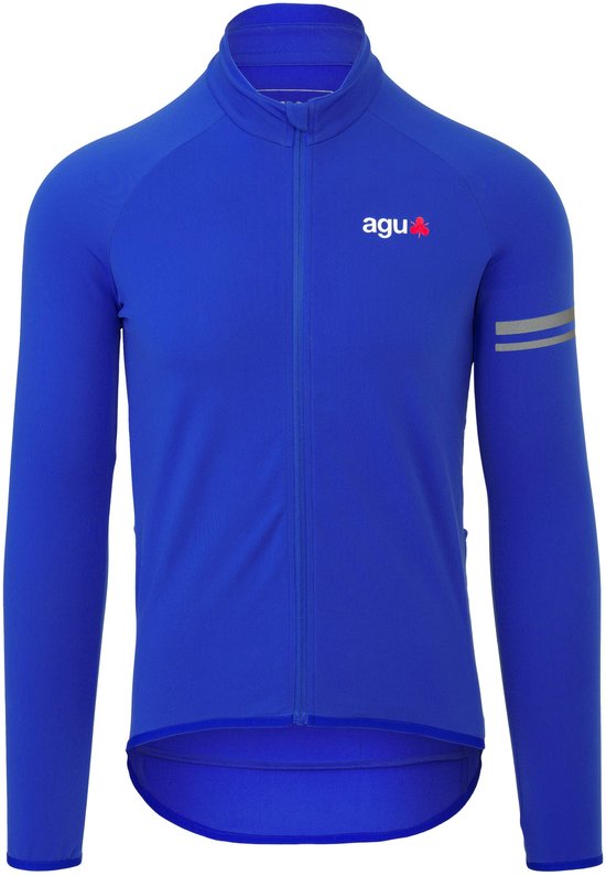 Blauw AGU fietsshirt met lange mouwen, AGU logo op de borst en reflecterende strepen op de mouw.