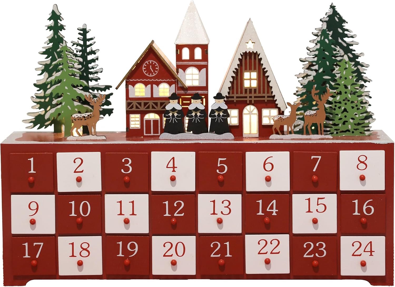 PE Houten kerstkalender met ledverlichting, 24 laden aftellen naar Kerstmis, feestelijke kerkscène met rendieren en bomen, perfect voor vakantiehuisdecoratie, 37,6 x 27,2 x 7,9 cm