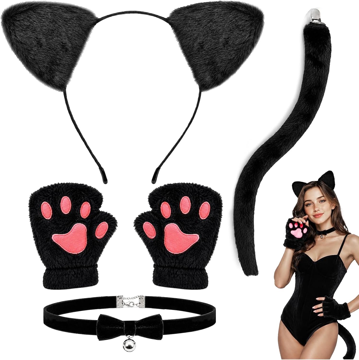 Kattenkostuum voor dames, bevat kattenoren, haarband, halsketting, kattenpootjes, handschoenen, kattenstaart, kostuum kat dames voor Halloween, carnaval, cosplay, kostuumfeest, carnaval