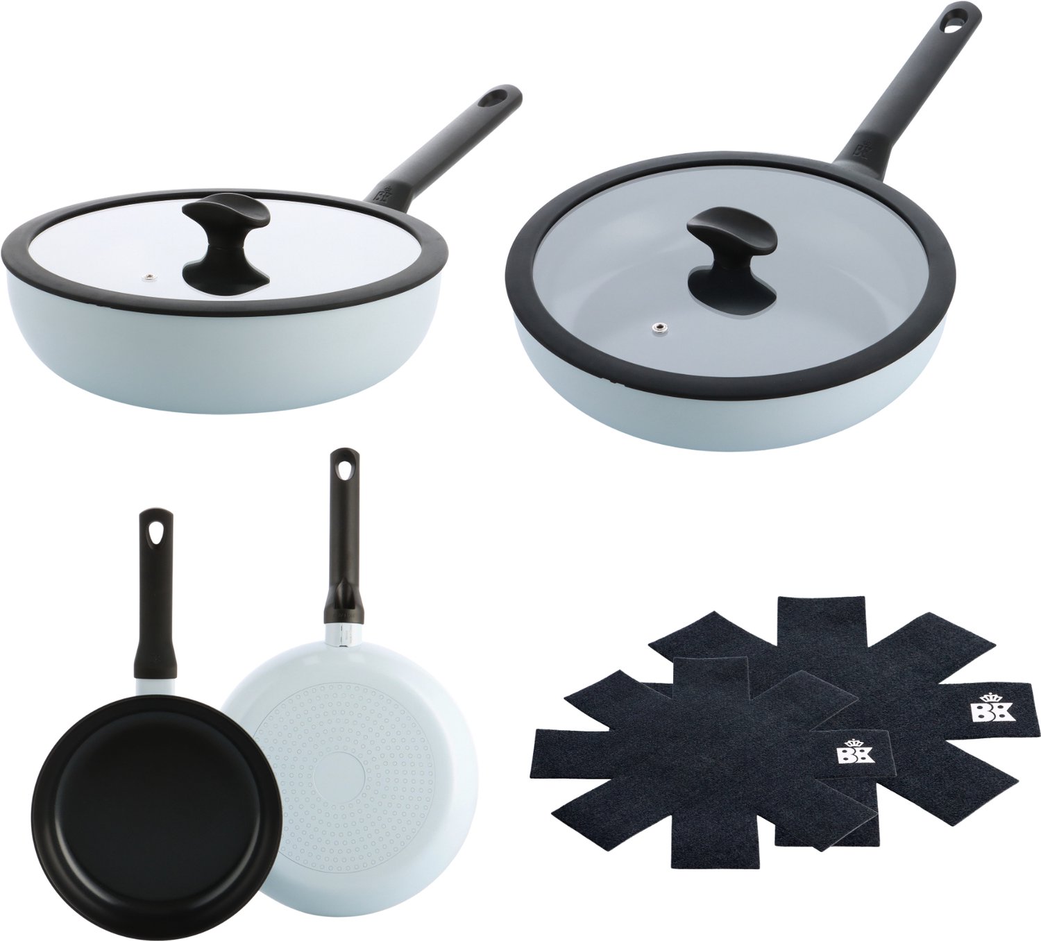 BK Enjoy Pannenset 4-delig - Koekenpan 24/28cm - Hapjespan met deksel 28cm/3.4L -Wokpan met deksel 28cm/4.2L - PFAS-vrije antikleeflaag - Pannenset inductie - Keramische pan - Ovenbestendig tot 160°C - Koudgrepen - Met Pan protectors - Lichtblauw