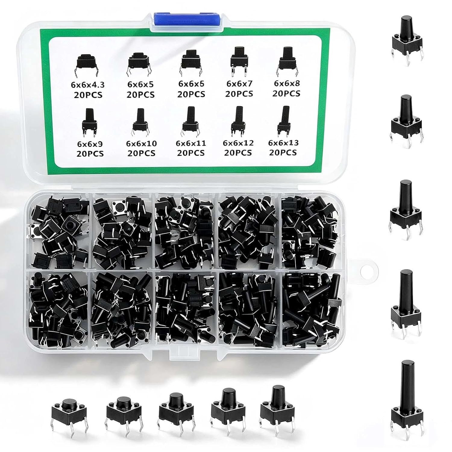 Tactiele drukknop schakelaar set 200 stuks - Micro schakelaar 6x6 mm - 10 maten in opbergdoos - ShopVlot