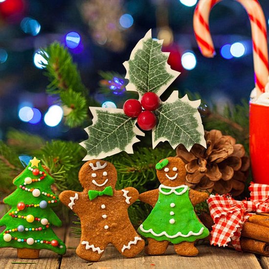 30 stuks kerstsimulatie hulstbessen met groene bladeren, kunstmatige hulstbessen groene bladeren voor bruiloft kerstkrans arrangement, taarttoppers ambachtelijke feestdecoraties, kunstmatig rood fruit — afbeelding 4