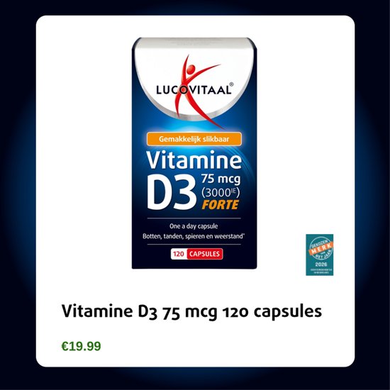 Verpakking van Lucovitaal Vitamine D3 75 mcg (3000IE) Forte 120 capsules. Met logo en 'Gemakkelijk slikbaar'.
